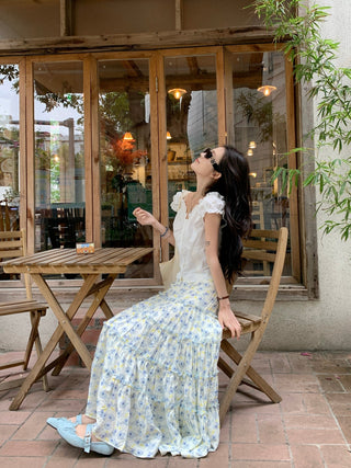 Puff Sleeve Lace Shirt with Skirt