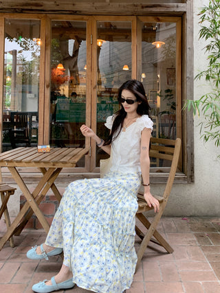 Puff Sleeve Lace Shirt with Skirt