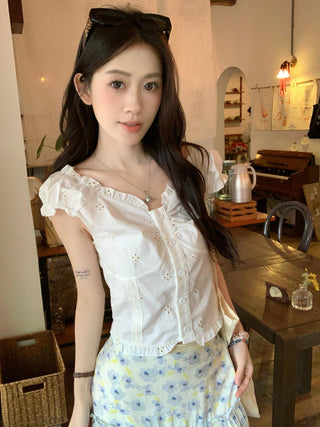Puff Sleeve Lace Shirt with Skirt
