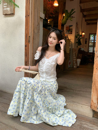 Puff Sleeve Lace Shirt with Skirt