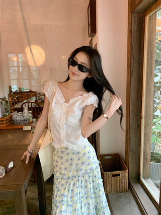 Puff Sleeve Lace Shirt with Skirt