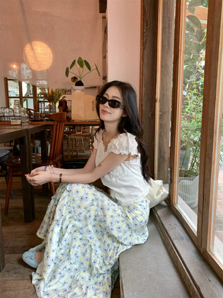 Puff Sleeve Lace Shirt with Skirt