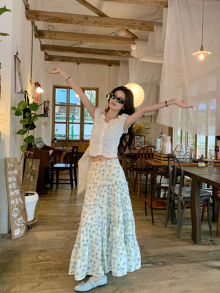 Puff Sleeve Lace Shirt with Skirt