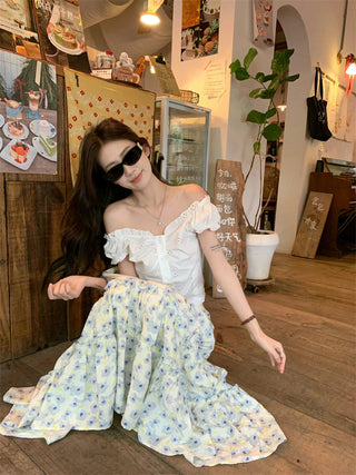 Puff Sleeve Lace Shirt with Skirt