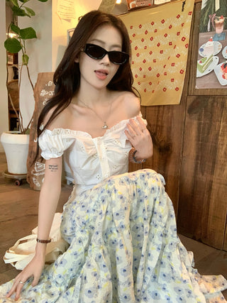 Puff Sleeve Lace Shirt with Skirt