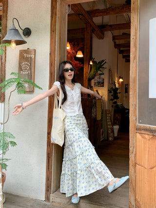 Puff Sleeve Lace Shirt with Skirt