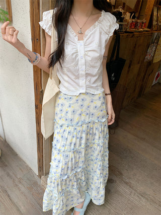 Puff Sleeve Lace Shirt with Skirt