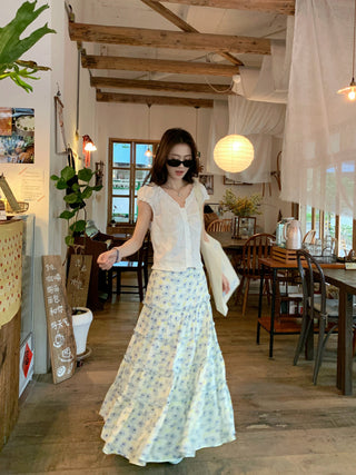 Puff Sleeve Lace Shirt with Skirt