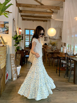 Puff Sleeve Lace Shirt with Skirt