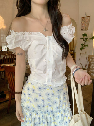 Puff Sleeve Lace Shirt with Skirt