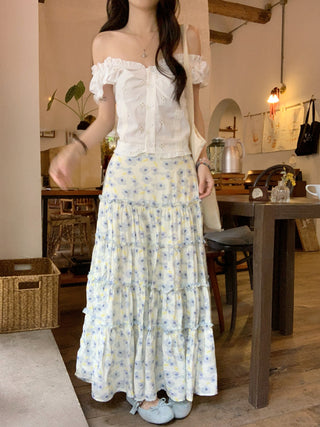 Puff Sleeve Lace Shirt with Skirt