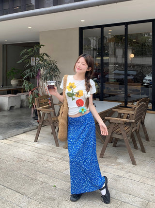 Flower Top with Blue Skirt