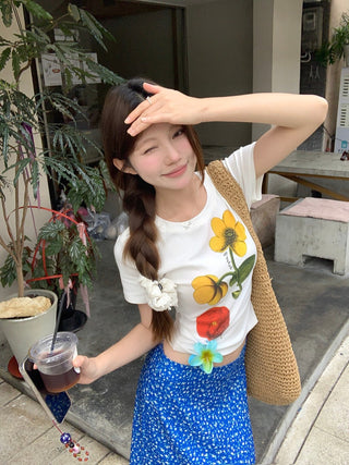 Flower Top with Blue Skirt