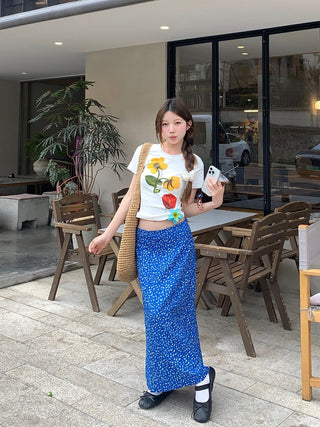 Flower Top with Blue Skirt