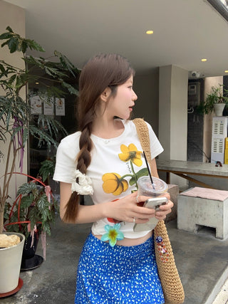 Flower Top with Blue Skirt