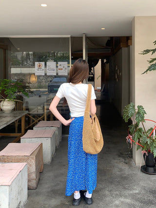 Flower Top with Blue Skirt