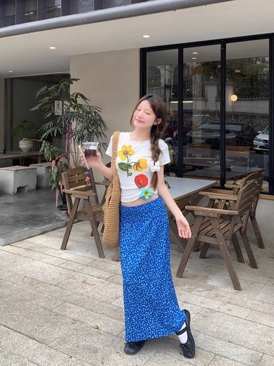 Flower Top with Blue Skirt