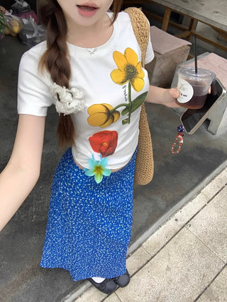 Flower Top with Blue Skirt
