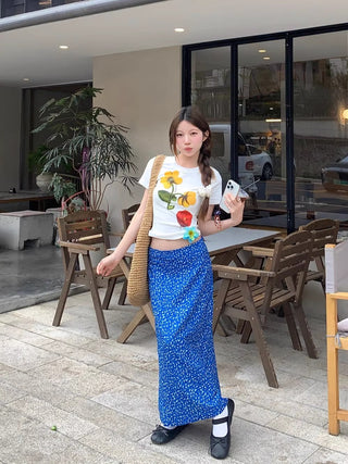 Flower Top with Blue Skirt