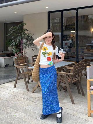 Flower Top with Blue Skirt