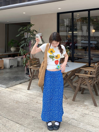 Flower Top with Blue Skirt