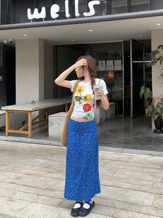 Flower Top with Blue Skirt