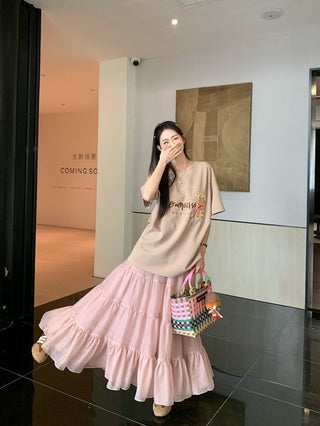 Embroidered Short Sleeve Top with Skirt