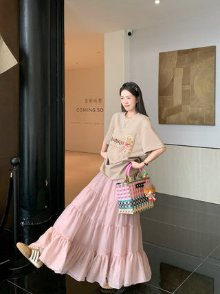 Embroidered Short Sleeve Top with Skirt