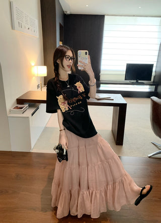 Embroidered Short Sleeve Top with Skirt
