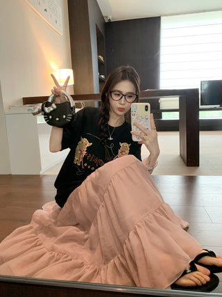 Embroidered Short Sleeve Top with Skirt