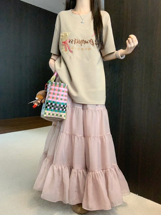 Embroidered Short Sleeve Top with Skirt