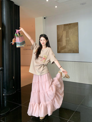 Embroidered Short Sleeve Top with Skirt