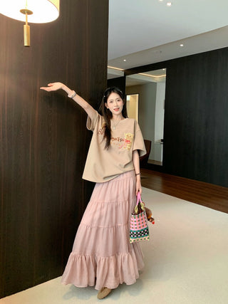 Embroidered Short Sleeve Top with Skirt
