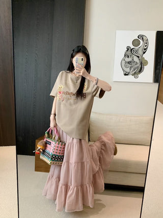 Embroidered Short Sleeve Top with Skirt