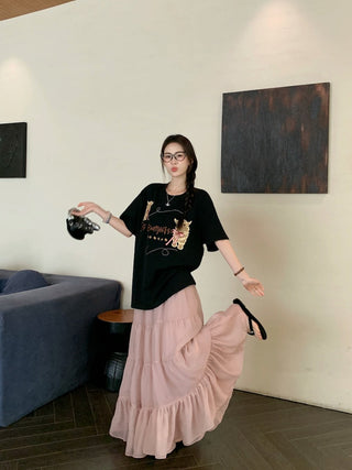 Embroidered Short Sleeve Top with Skirt