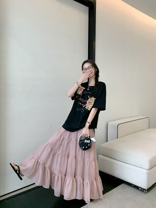Embroidered Short Sleeve Top with Skirt