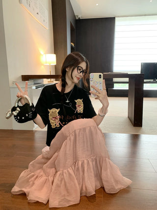 Embroidered Short Sleeve Top with Skirt