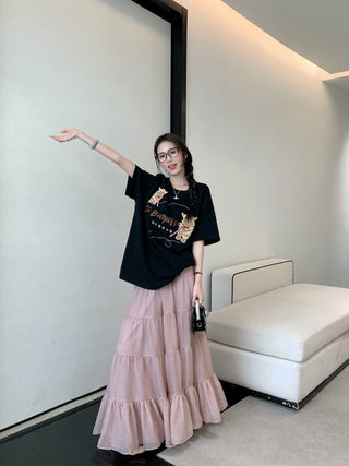 Embroidered Short Sleeve Top with Skirt