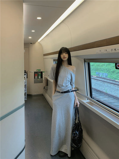 Gray Shoulder Top with Skirt
