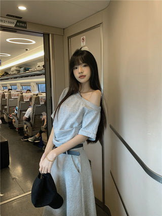 Gray Shoulder Top with Skirt