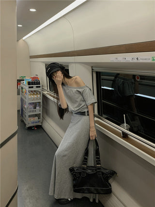 Gray Shoulder Top with Skirt