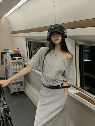 Gray Shoulder Top with Skirt
