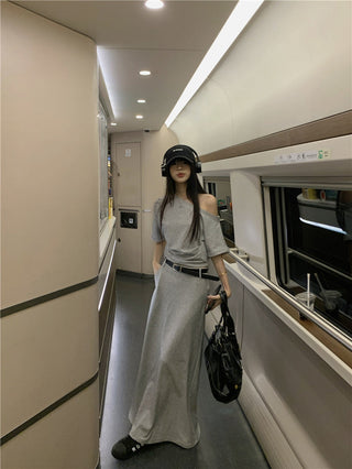 Gray Shoulder Top with Skirt