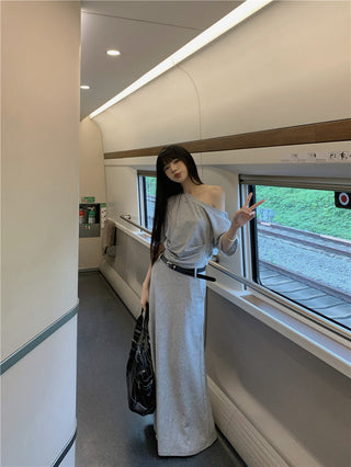 Gray Shoulder Top with Skirt