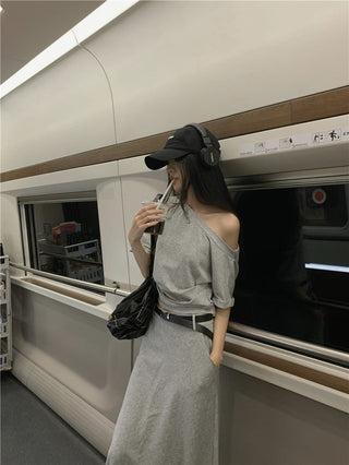 Gray Shoulder Top with Skirt