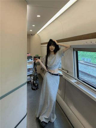 Gray Shoulder Top with Skirt