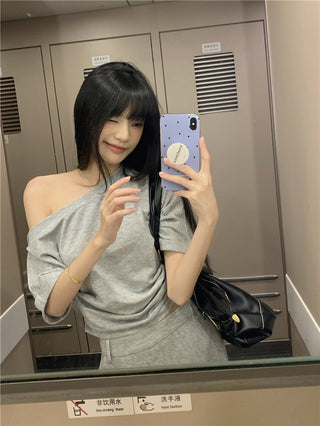 Gray Shoulder Top with Skirt