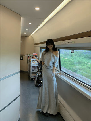 Gray Shoulder Top with Skirt