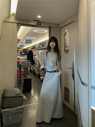 Gray Shoulder Top with Skirt