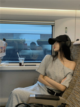 Gray Shoulder Top with Skirt